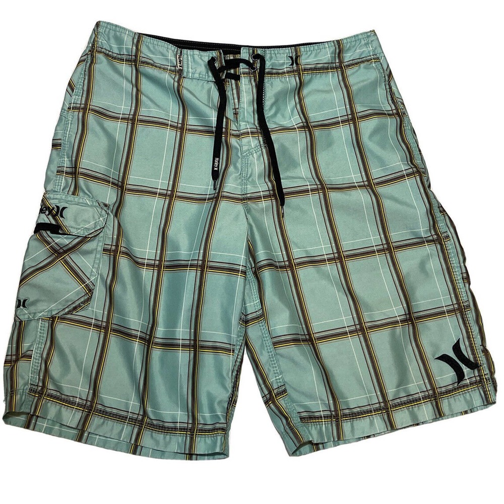 HURLEY Men’s 32 Board Shorts Green Plaid